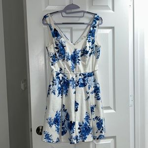 white dress with blue flowers